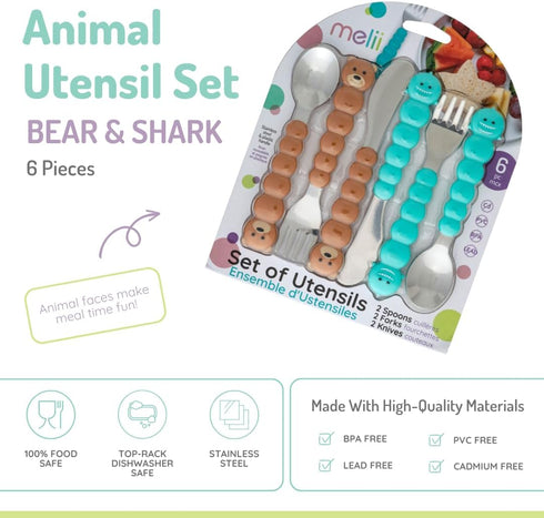 melii Toddler Feeding Spoon Fork & Knife Set, Stainless Steel – Bulldog, Cat, Shark, Bear – BPA Free, 6pc