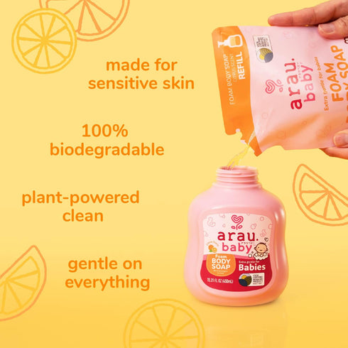 15.21 Oz Arau Baby Foam Body Soap, Citrus Scent Refill, Natural Plant Based Foaming Body Wash for Babies, Infants