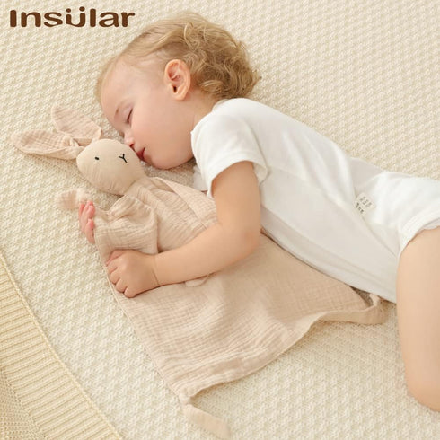 insular Bunny Lovey Blanket for Boys and Girls, Organic Cotton Muslin Security Blanket, 2 Pcs Set (Beige&Pink)