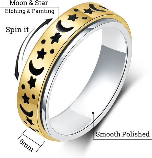 OreilleStar Anxiety Ring for Women Fidget Ring Stainless Steel Fidget Toys Adults Spinner Rings Gold Silver Moon Star