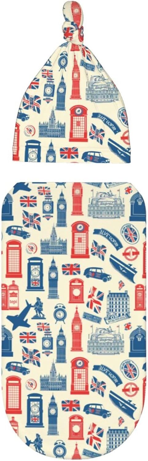 Sets Vintage British Flag Newborn Swaddle Blankets Hat Soft Baby Receiving Blanket Swaddle Sack for Baby Shower Infant