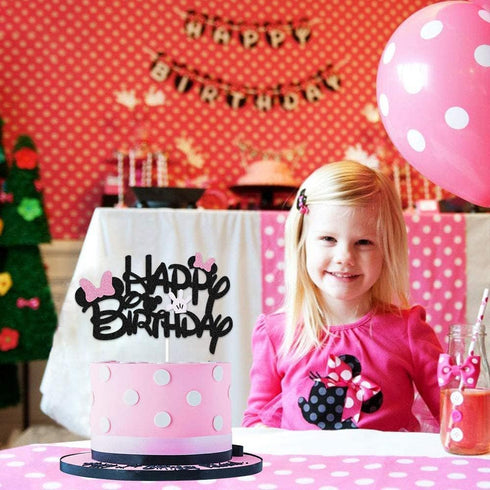 Black Glitter Minnie Inspired Happy Birthday Cake Topper with Pink Bows for Girls Birthday Party