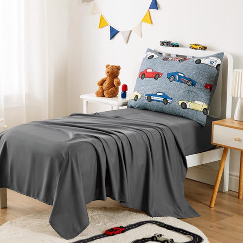Set 4 Set Wake In Cloud - Race Car Toddler Bedding for Boys, Cute Colorful Sports Car Supercar Wheels, Pieces Soft Crib