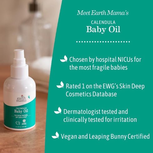 Earth Mama 4-Fluid Calendula Baby Oil | Massage Oil for Newborn Skin Care, Dry Skin & Scalp Moisturizer, Fragrance