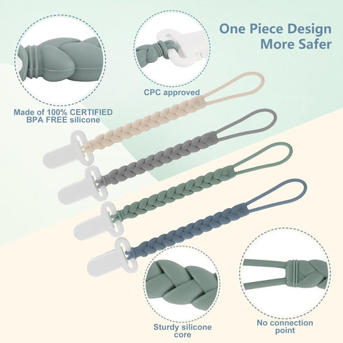 4-Pack Silicone Pacifier Clips with Woven Rope Shape, Flexible Holders for Baby Boys & Girls, Safe for Newborns (Grey)