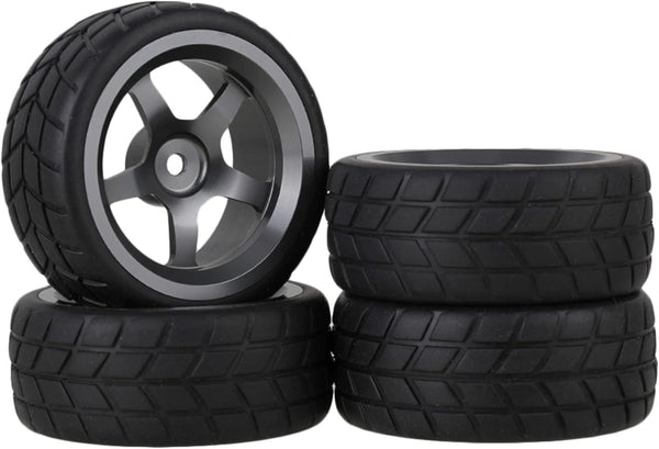 Mxfans 5 Spoke Grey Aluminium Alloy Wheel Rims & Black Square Pattern Rubber Tyres for RC 1:10 On Road Racing Car Set