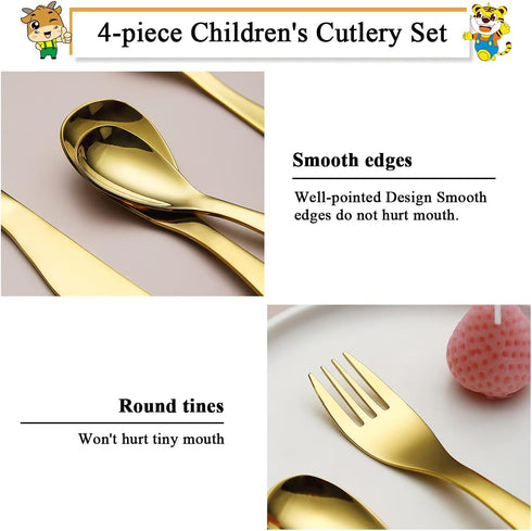 Berglander Gold Toddler Utensils Set, 4 Pieces Golden Titanium Plating Kids Silverware, Safe Forks and Spoons