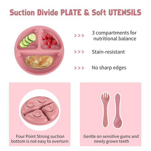 Losecu Set|Baby Set Silicone Feeding Led Weaning Supplies|Suction Plate Bowl with Bib, Spoon, Fork, Sippy Cup|Feeding