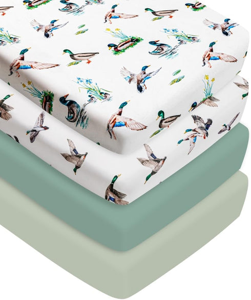 FIGEPO 4 Pack Mallard Duck Baby Crib Sheets Neutral Unisex Breathable Fitted Nursery Sheets for Baby Girl or Boys (Crib