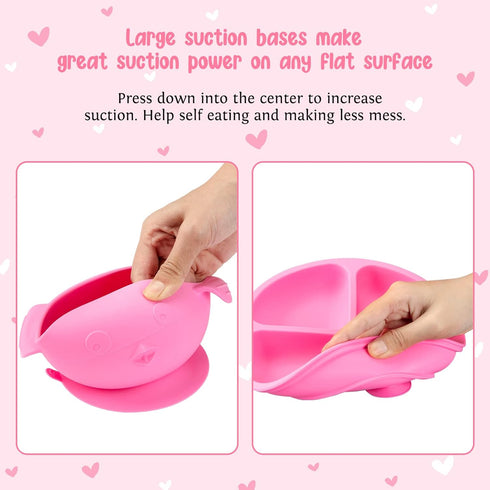 Baby Feeding Utensils Set, 7 Pcs Silicone Toddler Supplies - Adjustable Bibs, Suction Divided Plate, Placemat, Sippy Cup
