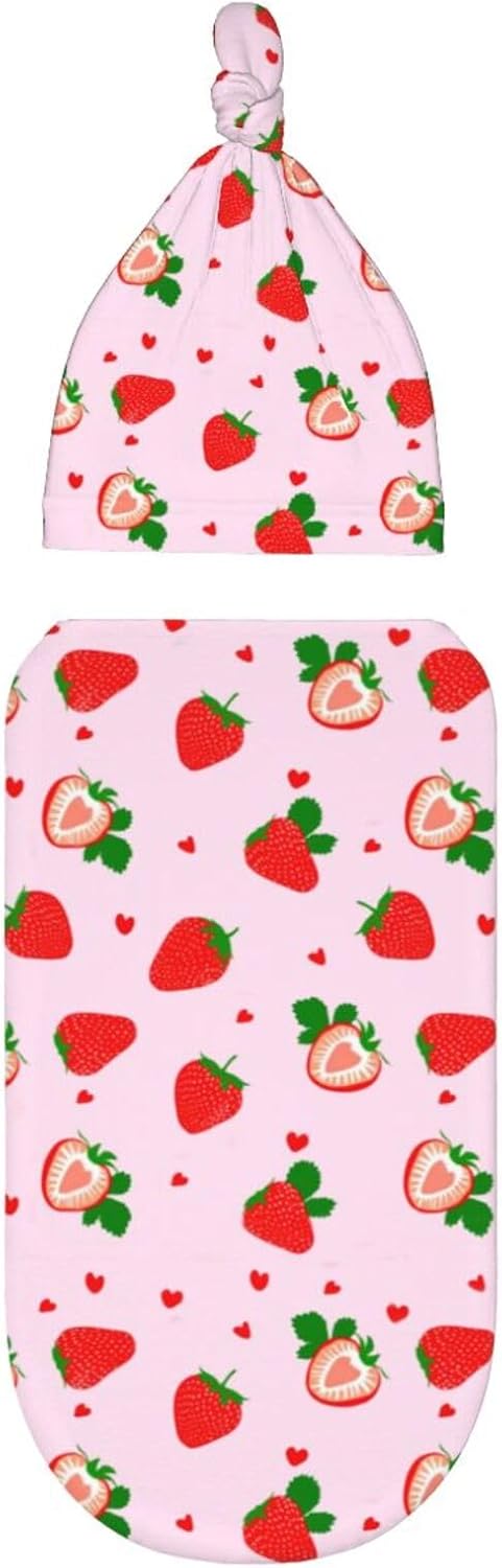 Swaddle Blanket Strawberry Newborn Baby Sleep Sack with Beanie Hat Sets for Boys Girls, Unisex Infant Baby Shower