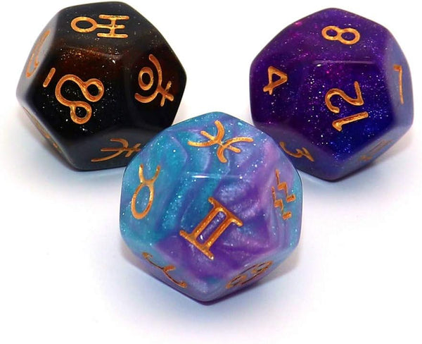 3 Pieces Astrology Dice Acrylic Pearl, Astrological Dice for Constellation Divination, 3 Colors D12 Glitter Astro Dice