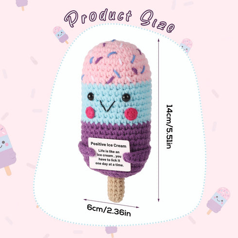 Funny Positive Ice Lolly, Crochet Ice Cream Cute Knitted ICY Pole Toy with Encouraging Card Smiling Emotional Support Potato Doll Handmade Positive Gift for Family Friends Home Office Decoration