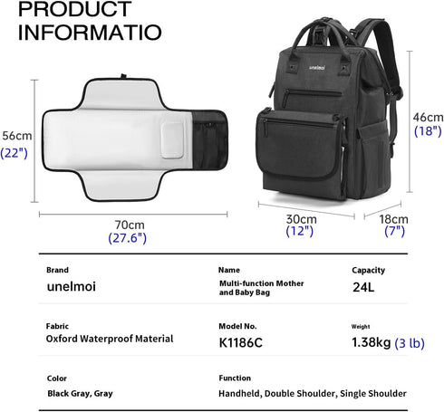 unelmoi Backpack Diaper Bad with Detachable Changing Pad, Large Capacity Waterproof Baby Bag for Moms & Dads (Black)