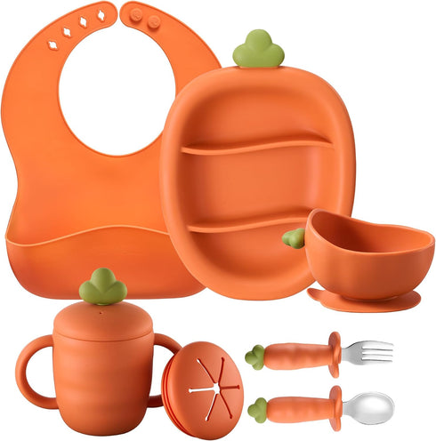 Cozy Rock Silicone Baby Feeding Set, Carrot Design BLW Toddler Feeding Set with Suction