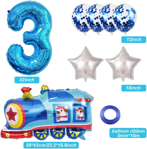 Weenkeey 3rd 3 Birthday Train Balloons - Giant Aluminum Foil Balloon Number Mylar for Railroad Party - Blue