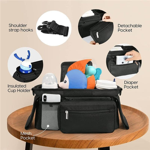 Generic The multi-functional baby carriage storage bag can be fixed on the vehicle. It has a cup holder and detachable