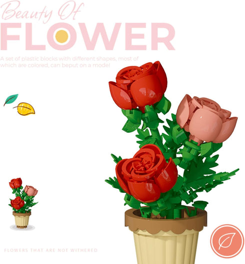 Jollcnoia Rose Flower Potted Bonsai Building Toys Blocks Particle Flower Botanical Mini