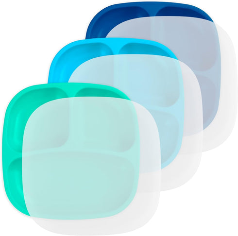 Re-Play Toddler Plates with Dividers, Set of 3, Deep-Walled 3 Compartments, Dishwasher & Microwave Safe, True Blue
