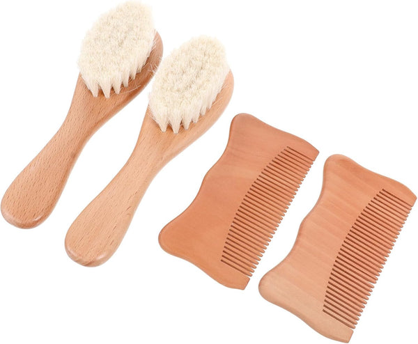 LOLIPPYY Hair Comb and Woolen Brush Set for Infants, Beech Wood Scalp Grooming
