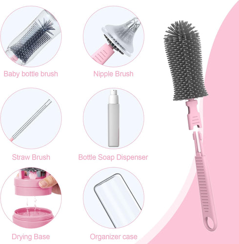 Travel Bottle Cleaner Kit with Baby Bottle Brush Set and Drying Base,Soap Dispenser,Gift for New Moms(Peach Pink) by WHNL