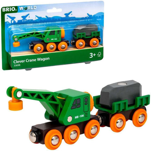 BRIO World 33698 - Clever Crane Wagon Set - 4 Piece Wooden Toy Train Set for Kids | Imaginative Play | Compatibility with Other Sets | FSC-Certified Wood