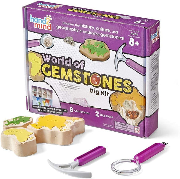 hand2mind World of Gemstones Dig Kit, 8 Real Gemstones to Uncover, Gem Digging Kit for Kids