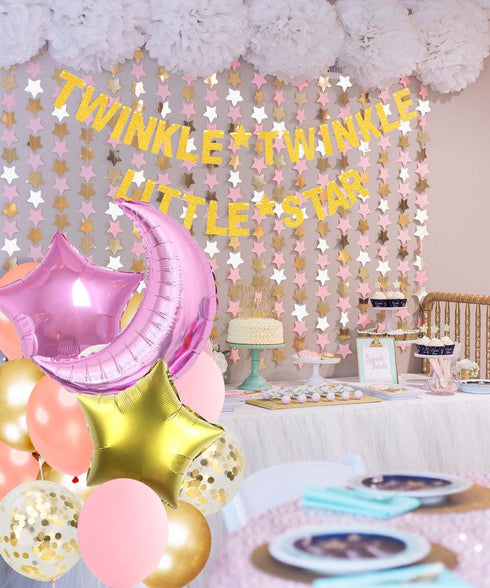 Twinkle Twinkle Little Star Decorations, Baby Shower or Birthday Party, Moon and Star Balloons, Pink and Gold