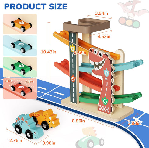 1 2 3 6 1-3 Montessori Car Ramp Toy for Toddlers Year Old Wooden Dinosaur Race Track with Cars & Parking Garage Kids