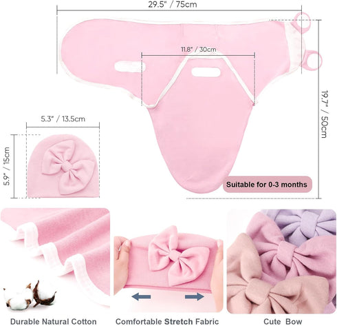 0-3 AQOKKA Baby Swaddle Sleep Sacks with Big Bow Hats Cotton Adjustable Swaddle Blankets Wrap Nursery Swaddles