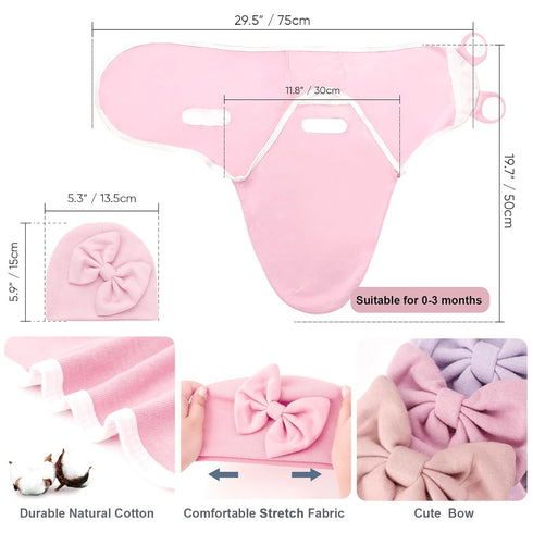 3 Pack 6-12 Lbs 0-3 DRESHOW BQUBO Newborn Baby Swaddle Blanket with Hats Infant Adjustable Swaddling Wraps with Bear