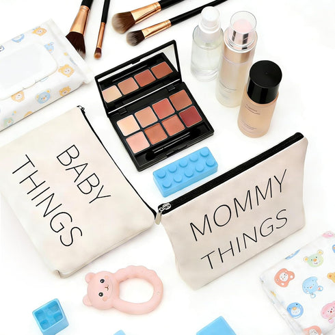 Fywelixc Mommy Set 2pcs and Baby Canvas Pouch Zipper Organizer Bags for Diaper Bag, Travel, Hospital or Nursery
