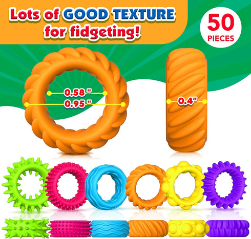 50 Pack Fidget Rings Sensory Toys for Kids: Textured Sensory Rings - Bulk Fidgets for Classroom Prizes - Quiet Fidget