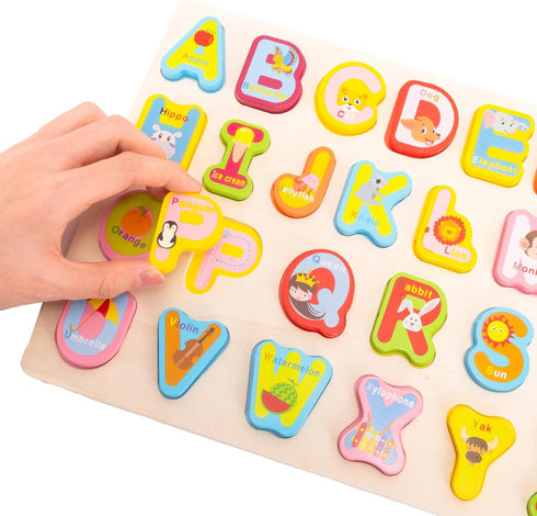 Wooden Alphabet Number Shape Learning Puzzles for Toddlers, 3 in 1 ABC Letter Puzzle Board Set for Ages 3-5 Educational