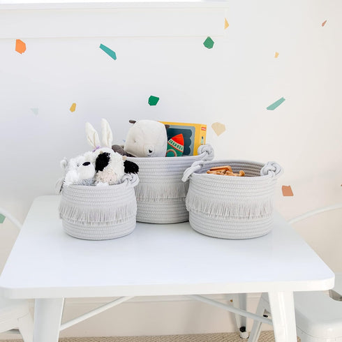 NaturalCozy 3-Piece Boho Cotton Rope Storage Basket Set for Organizing Baby Stuff, Gift Basket, Toy Basket, Nursery