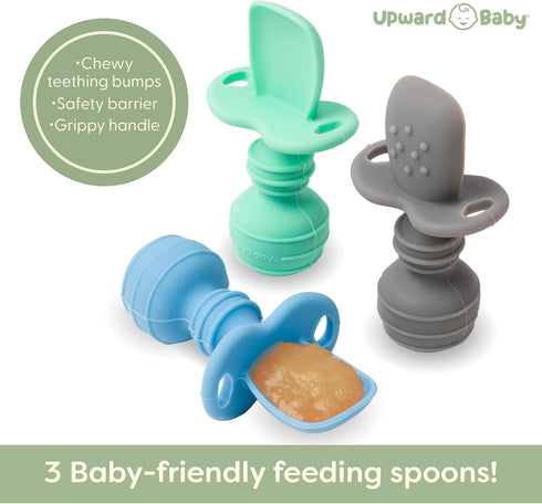 Upward Baby 3 pack Silicone Baby Feeding Spoon with Anti Choke Barrier - Baby Spoons Self Feeding 6 Months, First Stage Infant Supplies and Toddler Utensils, Baby Led Weaning Soft-Tip Training Spoon