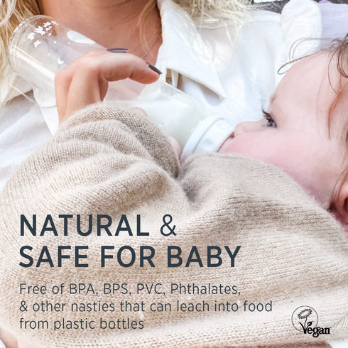3+ Two-Pack (8 Oz) HEVEA Standard Neck Glass Baby Bottles - Natural Rubber Medium Flow Nipples - Anti Colic Baby