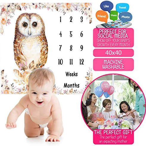 Owl Baby Monthly Milestone Blanket - 48x40in Soft Flannel, Newborn Mom Gifts, Baby Shower Age Growth Tracker