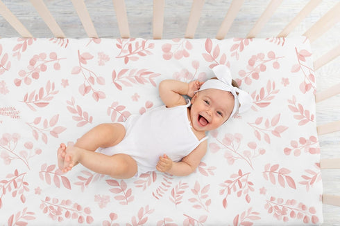 Sweet Jojo Designs Fitted Baby Crib Sheets (Boho Pink Floral Leaf) for Girls, Infant Nursery, Toddler Bed Room