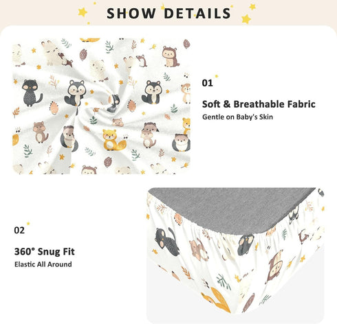 miaozhen 1 Pack 52x28 Cotton Baby Crib Sheets for Boys Girls Comfy Breathable Jungle Animal Fox Squirrel Colorful
