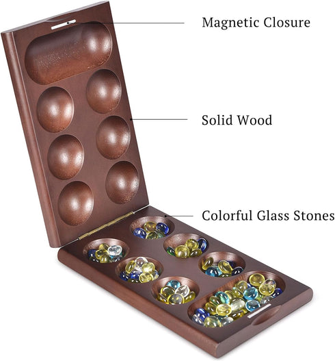 Wooden Mancala Board Game with Magnetic Lock - 48+8 Extra Multi Color Glass Stones, Folding Set for 2 Players, Ages 6+