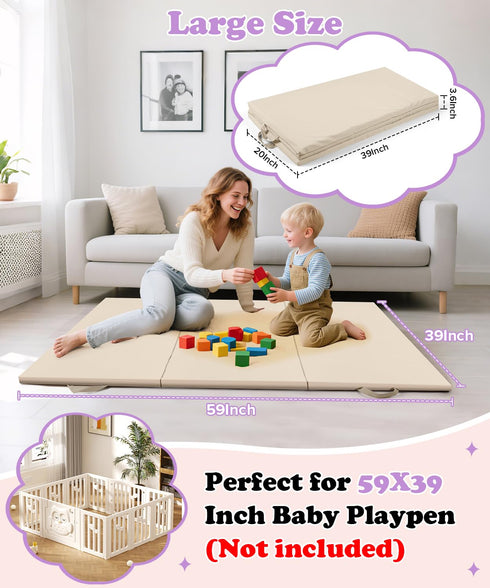 39X59Inch Vegan Leather Play Mat for Baby Trifold Thick | Soft Padded Foam Floor Mat for Kids Playroom | Foldable
