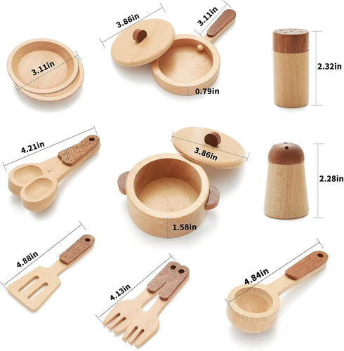 WHOHOLL Wooden Toys Play Kitchen Accessories - Montessori Toys for Toddlers, Play Dishes & Food Playset for Kids