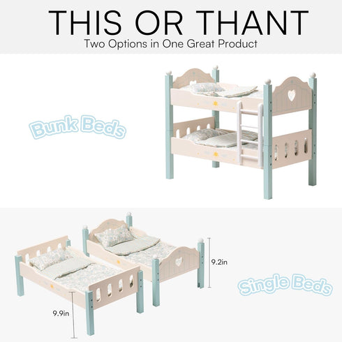 18 inch 2 ROBOTIME Baby Doll Bunk Beds, Wooden Doll Cribs for Dolls Furniture, Stackable Doll Bed Fits American Girl