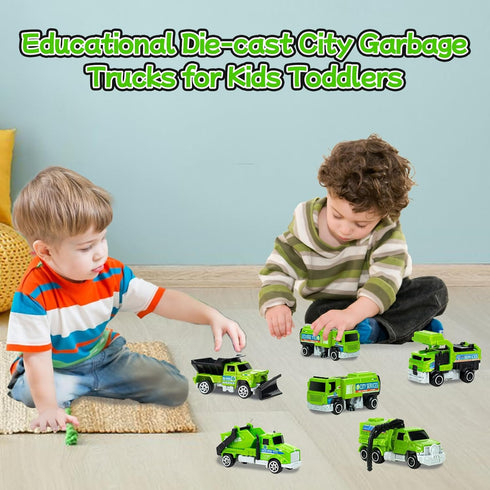 6 Pack Set, 3-7 8 Diecast Garbage Truck Toys for Kids, Mini Alloy Sanitation Truck Toy Recycling Sanitation Trucks