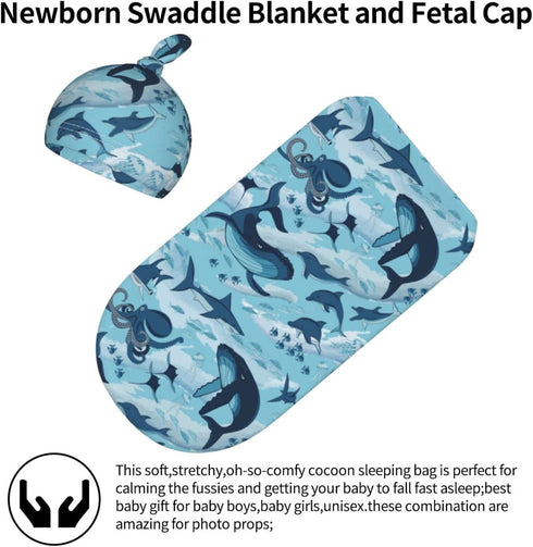 Sea Waves Dolphins Sharks Whale Octopus Newborn Swaddle Blankets with Beanie Hat Sets, Soft Gifts for Infant Boy Girl
