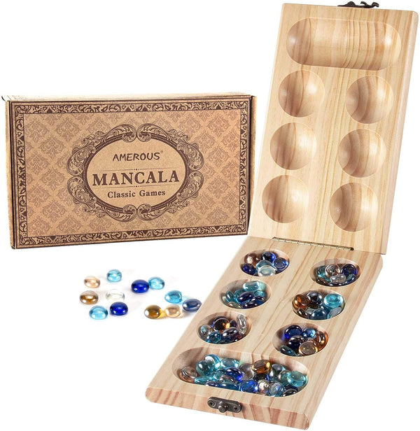 AMEROUS Wooden Mancala Board Game Set - Folding Board with 72+8 BONUS Multi Color Glass Stones, Portable Travel Game