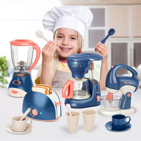 Pretend Play Kitchen Appliances Toy Set with Coffee Maker, Blender, Mixer, Toaster - Realistic Light & Sounds for Kids