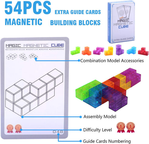 WorWoder 3D Set 7 54 Kids Magnetic Building Blocks Magic Magnetic Puzzle Cubes, of Multi Shapes Magnetic Blocks