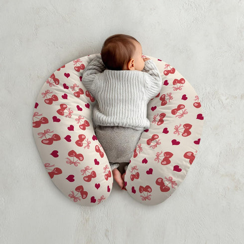 Cstdyfrv Valentine's Day Cherry Nursing Pillow Covers Pink Cherry Bows Love Heart Removable Breastfeeding Slipcover